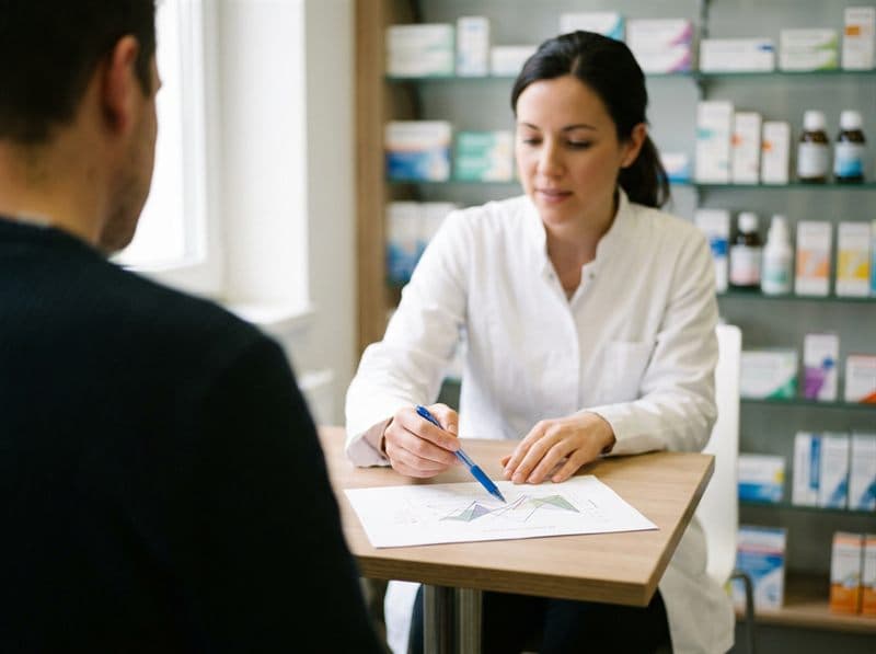 Farmacéutico explicando el resultado de un análisis en Silleda