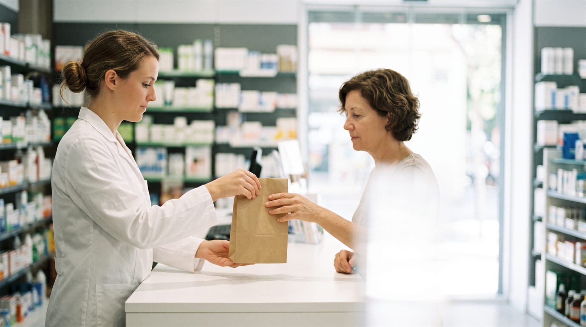 Farmacéutica atendiendo las dudas de una clienta en Farmacia Garrido, Silleda