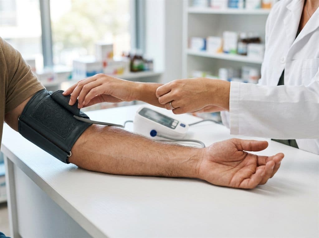 Medición de la tensión arterial en una farmacia de Silleda